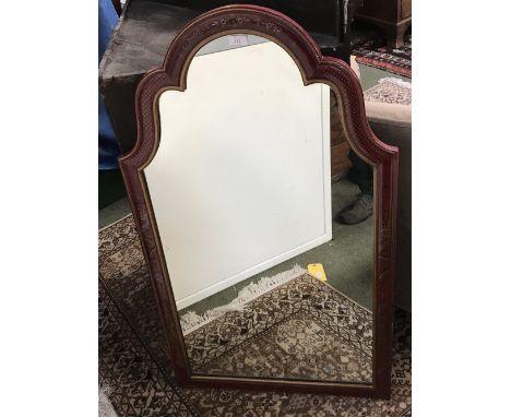 Arch shaped wall mirror with painted red &amp; gold surround with images of Chinese  flora &amp; fauna. The plate 97H x 51W c