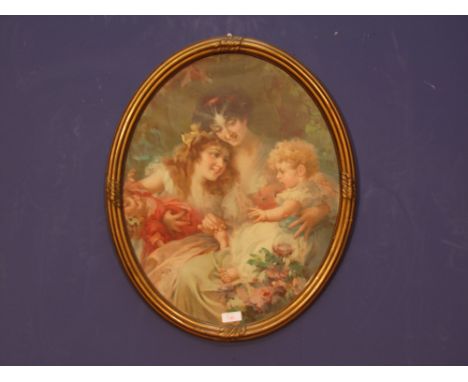 C19th gilt framed oval portrait print of a mother with children 