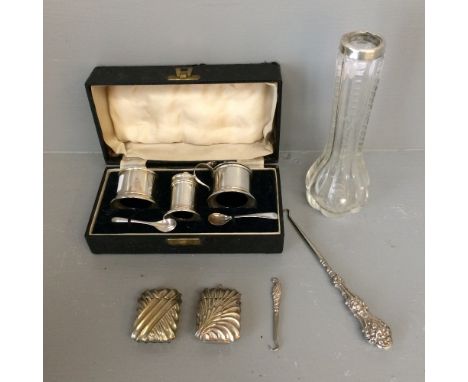 Pair of 3 branch candelabras, white metal Vesta cases, button hooks. Cased silver condiment set, various pieces of china etc 