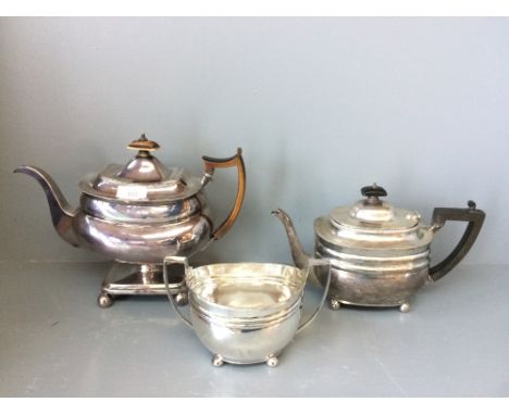 Hall marked silver teapot on stand, London 1810, another hallmarked silver teapot on 4 ball feet London 1921 &amp; sugar shak