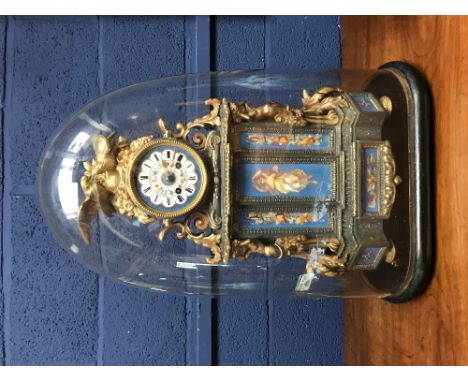 Large mantle clock on stand with glass dome (crack in glass), label to rear Japy Frères Grande Méd d'Honneur Exposition 