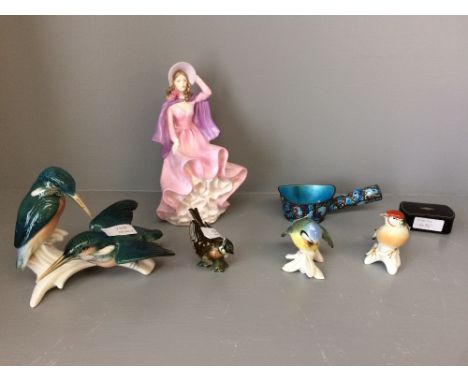 Small collection of porcelain birds, a Coalport figure 'Colleen' papier mâché snuff box &amp; enamelled dish 