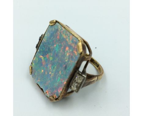 9ct opal plaque ring with old cut diamond accents, 7.2g size M 