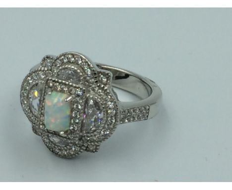 Silver ring, cubic zirconia &amp; opal set 