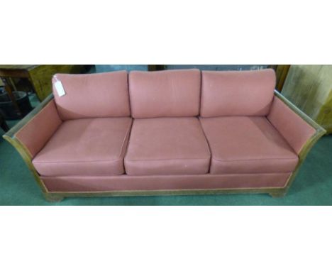 Large wooden framed sofa with red covering 210x89x67H cm 