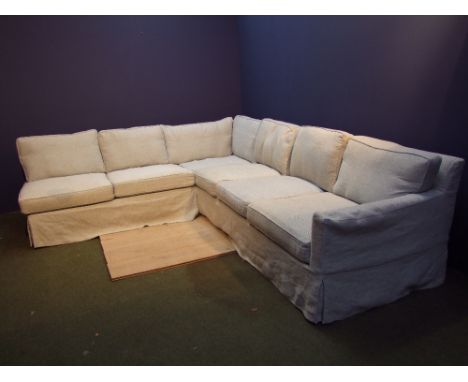 Very large L-shaped sofa in contemporary light duck-egg blue fabric, some stains &amp; fading, seats 6+, 94Dx302Lx252L cm 