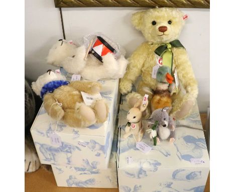 A Collection a Small Steiff Bears and Toys comprising 'Lukas' mohair teddy bear with drum (boxed), a blonde and white bear (b