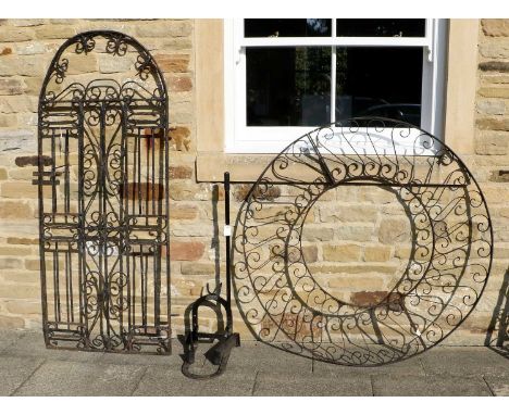 A Wrought Iron Garden Gate decorated with scroll work, 80cm including bracket 183cm, together with a wrought iron tree root p