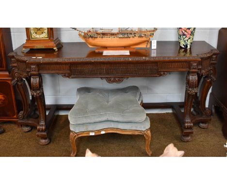 A Mahogany Buffet Table, with ornatley carved decoration, on scrolll supports, 184cm by 56cm by 81cm