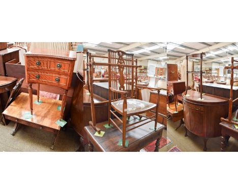 A Group of Furniture Comprising: a demi lune sideboard, a reproduction mahogany standing corner cupboard, a demi-lune foldove