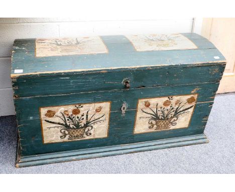 A Victorian Dome Topped Trunk, green painted with red tulips, 116cm by 60cm, by 46cm