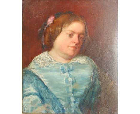 British School (Early 19th Century) Portrait of a young lady with auburn hair, green eyes, lace collar and a blue shawlOil on
