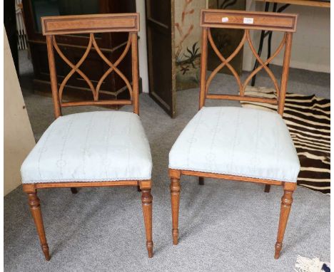 A Pair of Edwardian Satinwood Inlaid Mahogany Bedroom Chairs, with silk upholstery, together with a painted single drawer con
