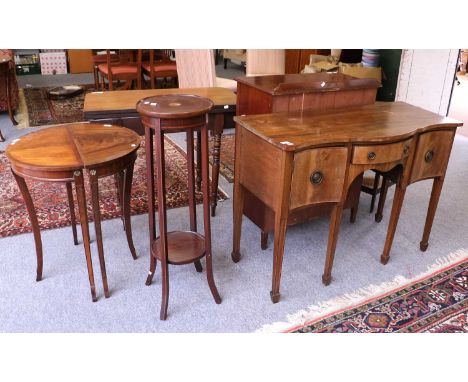 An Edwardian Inlaid Mahogany Two Door Cabinet, a 19th century mahogany fold over tea table, a small Georgian style mahogany s