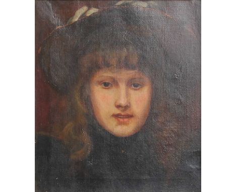 British School (Late 19th Century)Head and shoulders portrait of a girl in a dark dress and wearing a hatOil on canvas, 39.5c