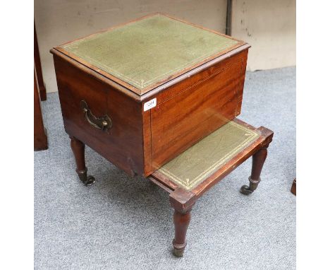 A 19th Century Leather Inset Mahogany Library Step, with drawer out second tier, moving on castors, 42cm by 37cm by 50cm