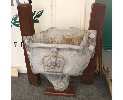 Lead Rainwater Hopper, cast with a coronet and later mounted on a wooden stand, hopper 49cm by 43cm