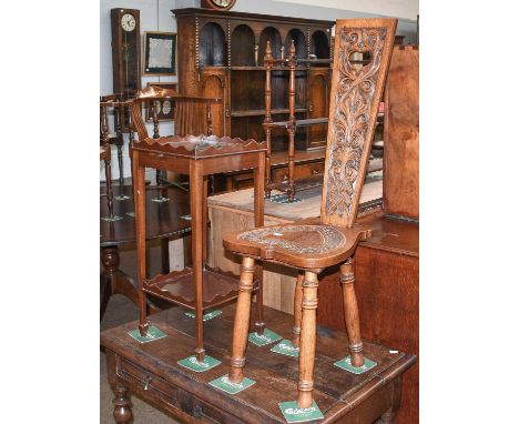 A Mahogany Three Tier Hanging Shelf, with turned supports 73cm by 15cm by 59cm, together with a mahogany glass top two tier s