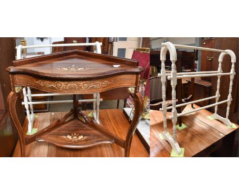 A Mahogany Washstand, 121cm by 45cm by 93cm, together with an Edwardian inlaid rosewood corner table with shelf stretcher, 81