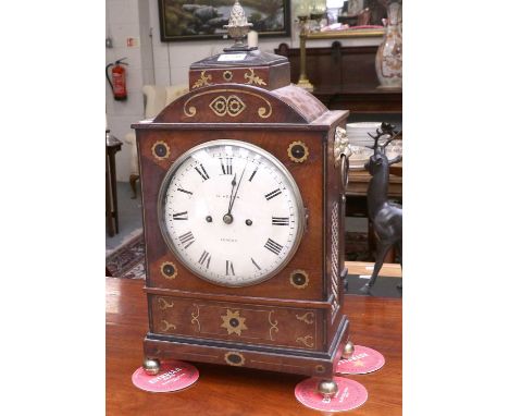A Mahogany and Brass Inlaid Striking Table Clock, signed H Adams, London, circa 1830, brass inlaid case, side carrying handle