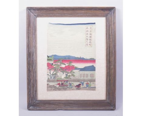 A JAPANESE WOODBLOCK PRINT ON PAPER, depicting a rickshaw and carriage, image 24.5cm x 17.5cm.