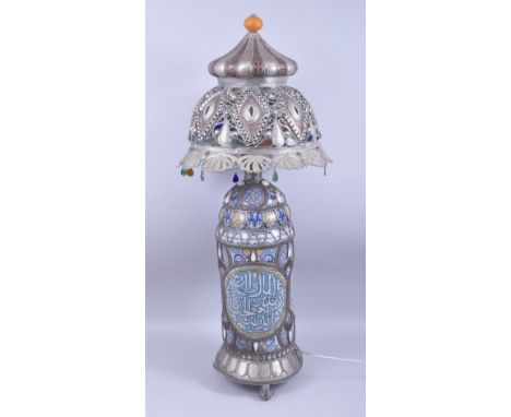 A LARGE 19TH / 20TH CENTURY MOROCCAN WHITE METAL AND CERAMIC CALLIGRAPHIC LAMP, the filigree style mountings encapsulating th