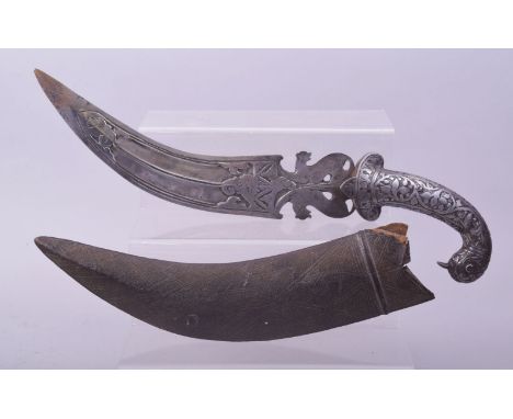 AN UNUSUAL 19TH CENTURY INDIAN CHISELLED STEEL DAGGER, with bird form handle and zoomorphic blade in original scabbard, 39cm 