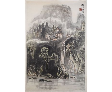 TWO CHINESE HANGING SCROLL PAINTINGS, one with a waterfall setting, the other with a boat scene, each with red seal mark, (2)