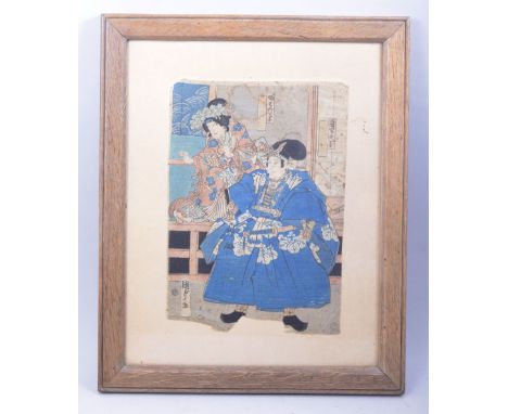 A JAPANESE WOODBLOCK PRINT ON PAPER, depicting a samurai and courtsman, image 28cm x 20cm.