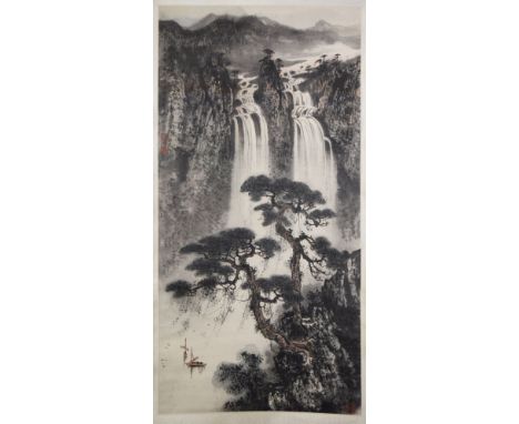 A CHINESE HANGING SCROLL PAINTING, depicting a waterfall scene, with script and red seal marks, image 95cm x 49cm.