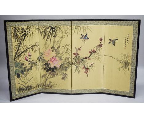 A GOOD CHINESE FOLDING FOUR PANEL SCREEN, the panels with a painting of birds and native flora, with calligraphy and red seal