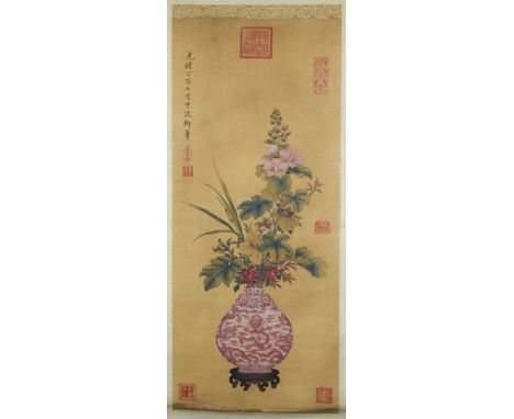 A GOOD CHINESE HANGING SCROLL PAINTING, depicting a vase of flowers on a stand, with calligraphy and seal marks, with fitted 