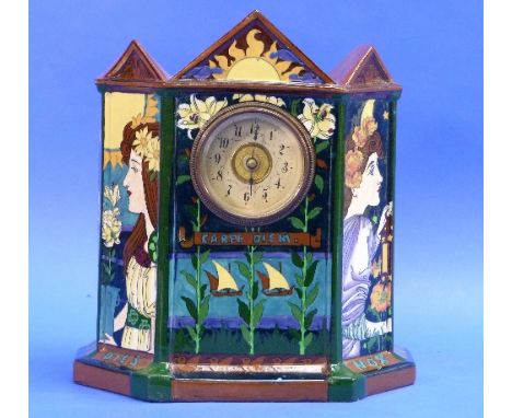 A Foley pottery `Intarsio` clock, circa 1900, designed by Frederick Rhead  (1856-1933) , the pottery case with pitched roof a