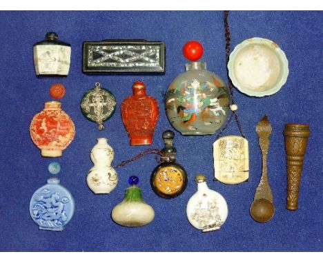 A collection of nine Oriental Snuff Bottles, including glass, ceramic, erotic etc., together with a four drawer early 20thC i