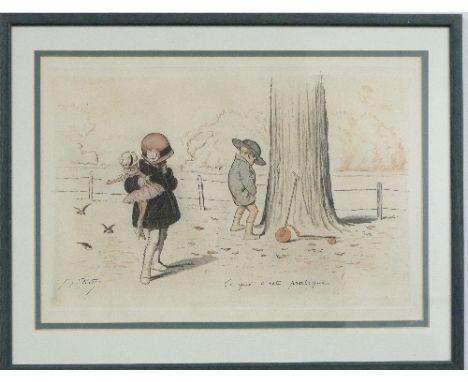 Georges Redon (French, 1869-1943) Twenty-one vintage French comic naughty children / animal lithographs seven framed and six 