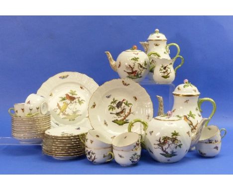 A Herend 'Rothschild Birds' pattern 68-piece part Tea and Coffee Service, comprising large teapot and cover, smaller teapot a