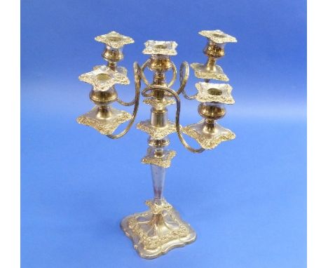 A Victorian silver plated five light Candelabra, th central candle nozzle on a tapered column surrounded by four outer nozzle