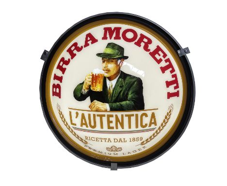 Birra Moretti round light up sign of the Italian premium lager maker. In a working condition, uses 220V power, EU plug. Heigh