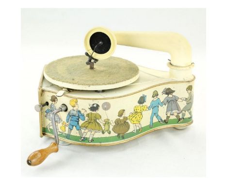 Toy gramophone with horn built into the base in working condition. The gramophone has theme of playing children.   Height: 17