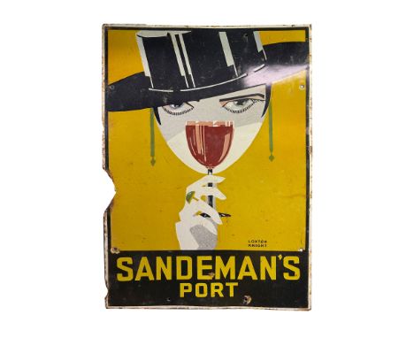 Vintage Sandeman's Port enamel sign. Moderate wear and color fading, but a large piece from the side of the sign is missing d