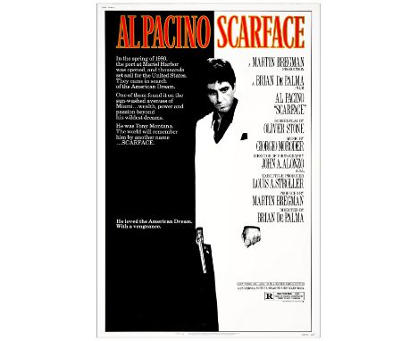 SCARFACE40" x 60"Very Fine- Rolled; Artist Mike Bryan Universal, 1983Using only black and white colors to visually convey the