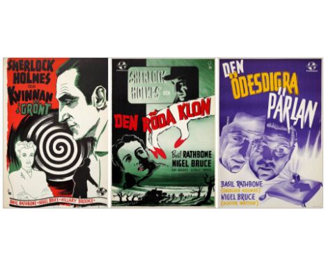 THE SCARLET CLAW, THE PEARL OF DEATH, THE WOMAN IN GREENSwedish One-Sheets (3) (27.5" x 39.5")Very Fine+ Rolled; Artist Gosta