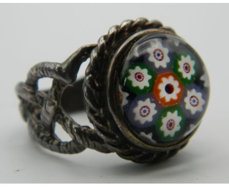 A silver and millefiori dress ring. Ring Size L/M.