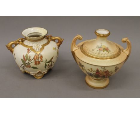 Two Royal Worcester blush ivory florally decorated vases. The largest 20 cm high.