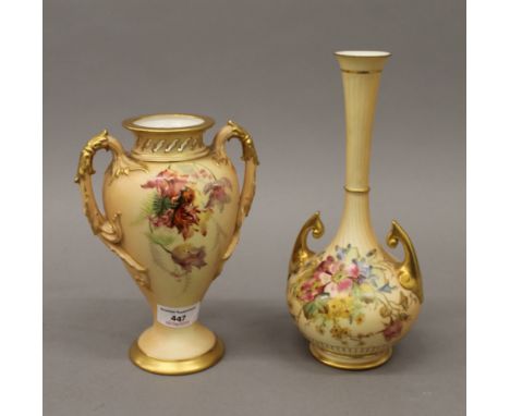 Two Royal Worcester blush ivory florally decorated vases. The largest 24.5 cm high.