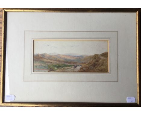 R MEADOWS, Figures on Horseback on a Mountain Path, dated 1878, watercolour, framed and glazed. 23 x 10 cm.