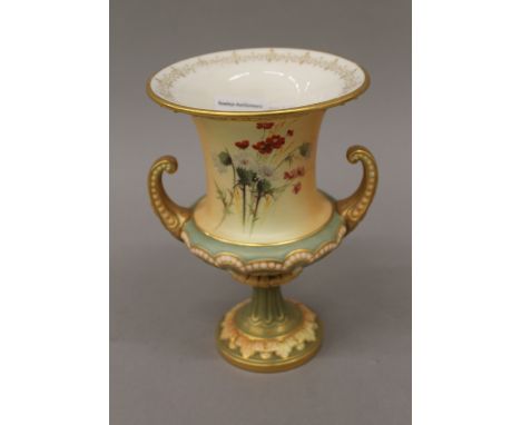 A Royal Worcester blush ivory Campana urn. 19 cm high.