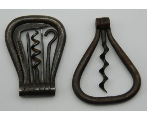 A 19th century steel bow corkscrew containing five tools, stamped Crane &amp; Co, together with another steel bow corkscrew. 