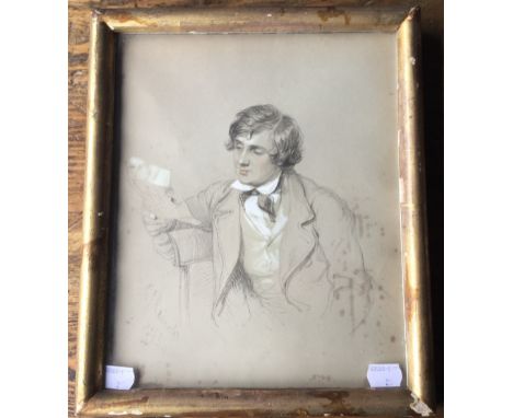 A 19th century heightened pencil sketch, Portrait of a Young Man Reading a Letter, indistinctly signed and dated 1844, framed