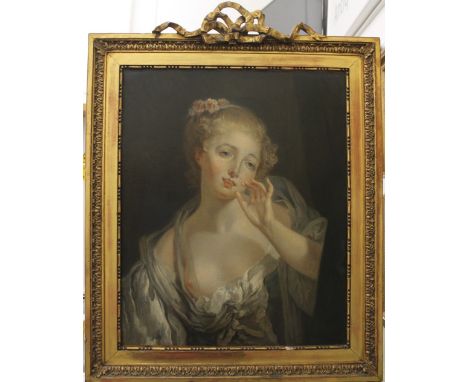 A 19th century oil on canvas, Portrait of a Slightly Exposed Young Lady, set in a gilded wooden frame.